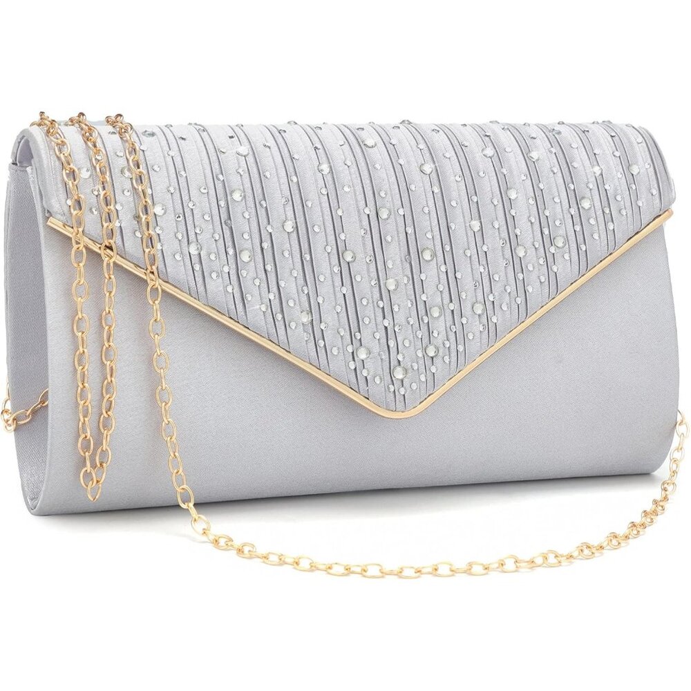 ⚡  Women's Evening Rhinestones Envelope Style Chain Strap Silver Clutch Handbag